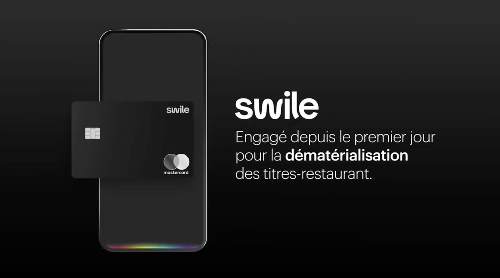 Packshot final : carte Swile et téléphone. Engagé depuis le premier jour pour la dématérialisation des titres-restaurant.